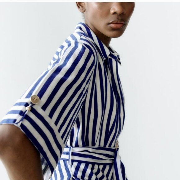 Zara Navy Blue Striped Linen Blend Belted Midi Shirt Dress Size Large - Picture 4 of 11